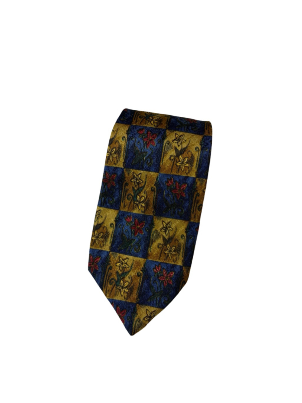 Ermenegildo Zegna Men’s Blue Mustard Floral Checkerboard 100% Silk Neck Tie